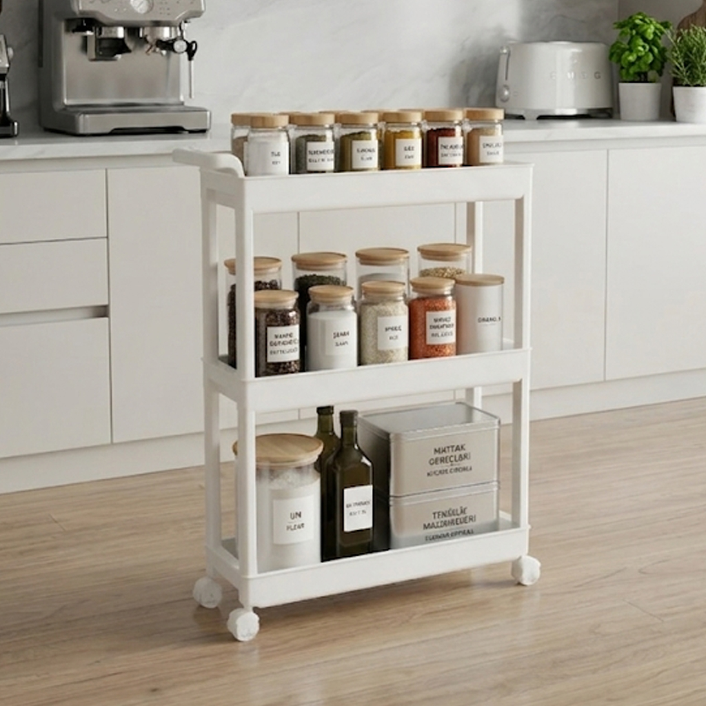 81507 - DecoBella Beyaz 3 Katlı Tekerlekli Dar Raf